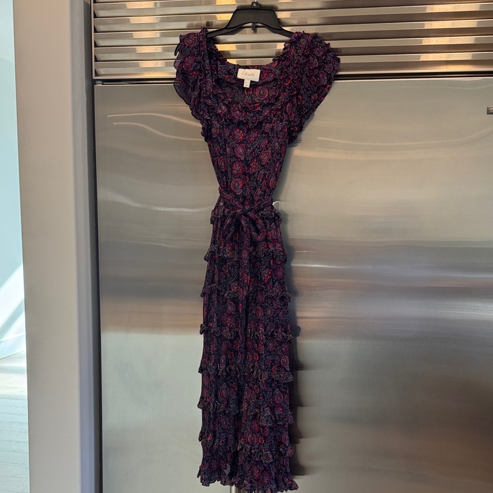 Cleobella dark maroon floral Maxi Dress ruffles tiered dress, M